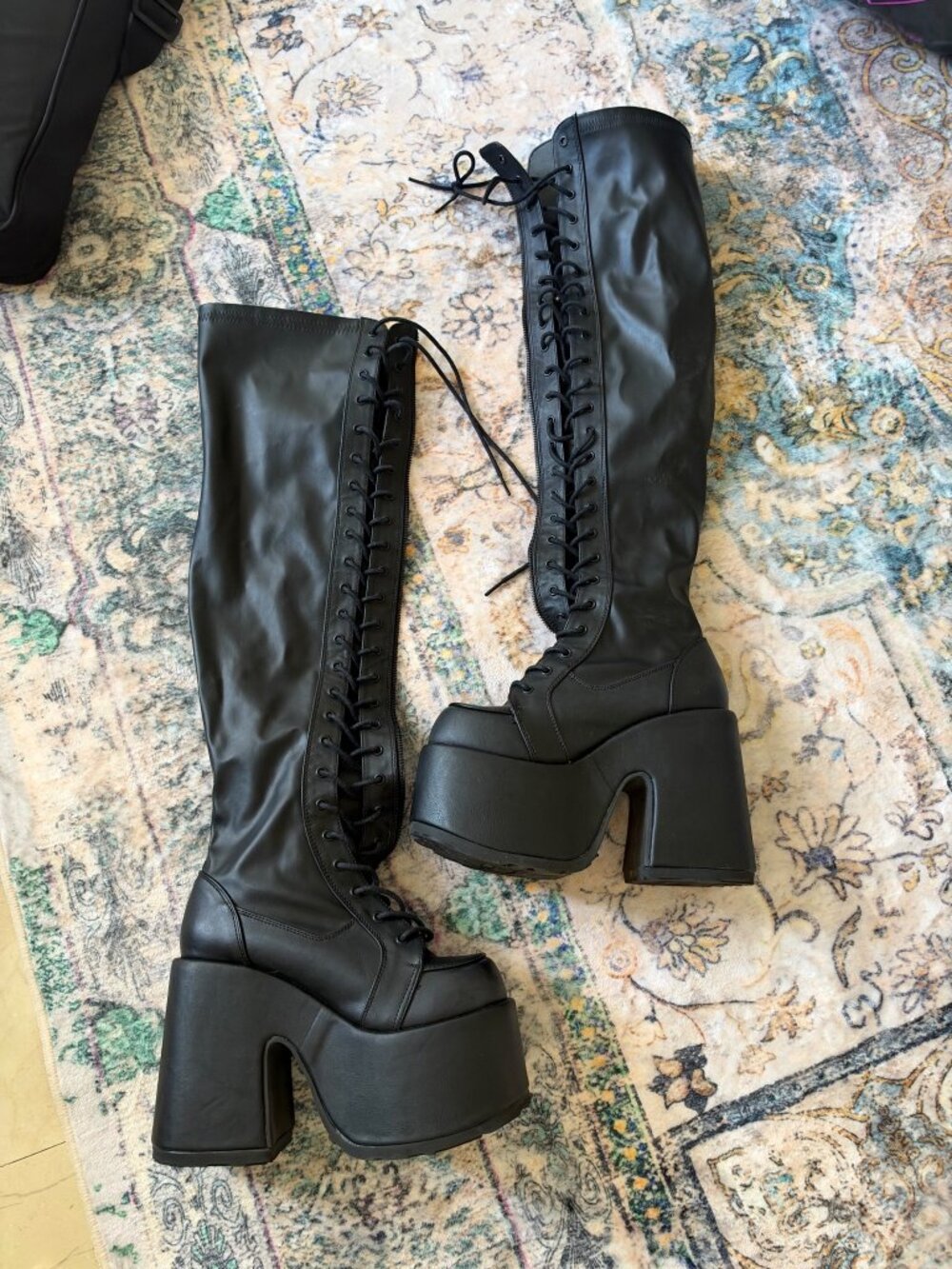 Demonia Camel 300 Black Platform Thigh High Lace Up Boots 9